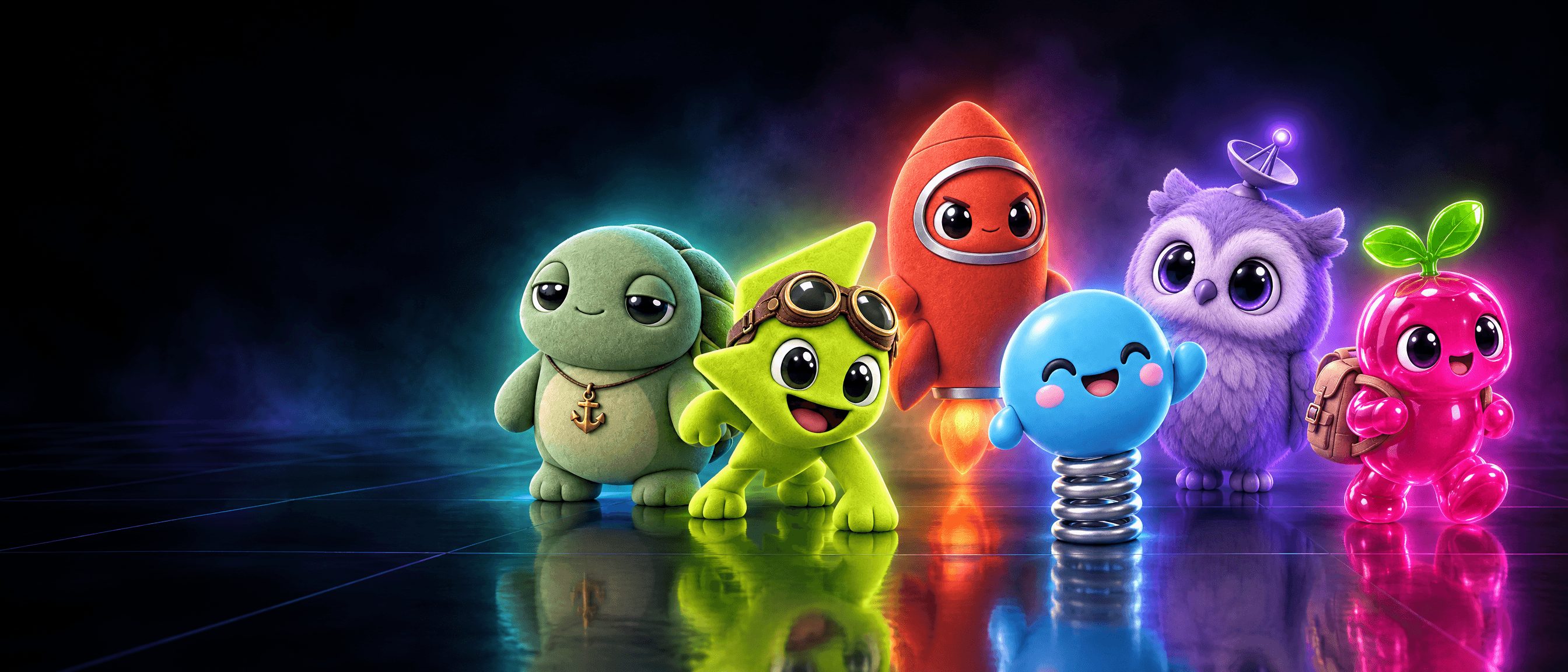 The six resident agents: Moss, Zip, Nova, Boing, Echo and Sprout